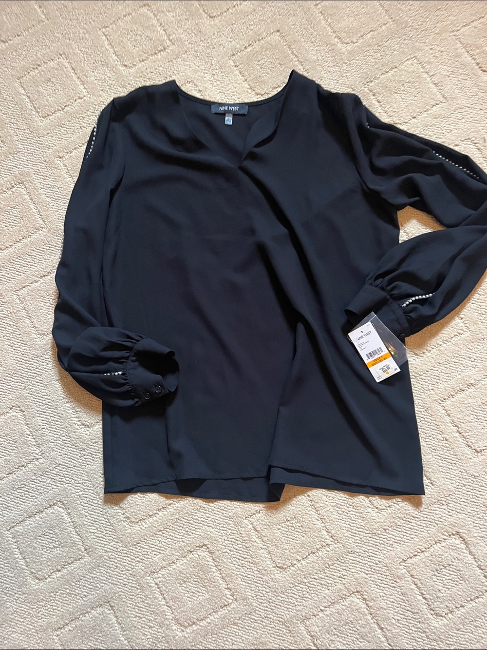 Nine West Black Long-Sleeve V-Neck Blouse with Cutout Sleeves